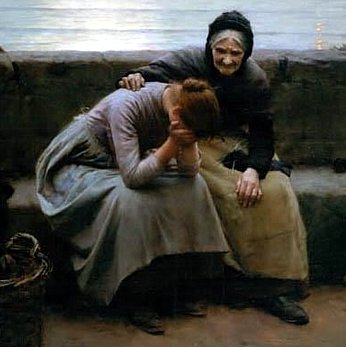 Painting of an older woman comforting a younger woman holding her face in her hands