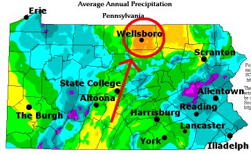 Precipitation map of PA with City Labels