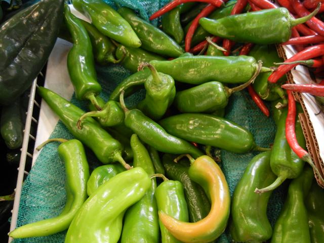 Green Anaheim peppers, relatively large, fairly long, slightly wrinkly, light-ish green