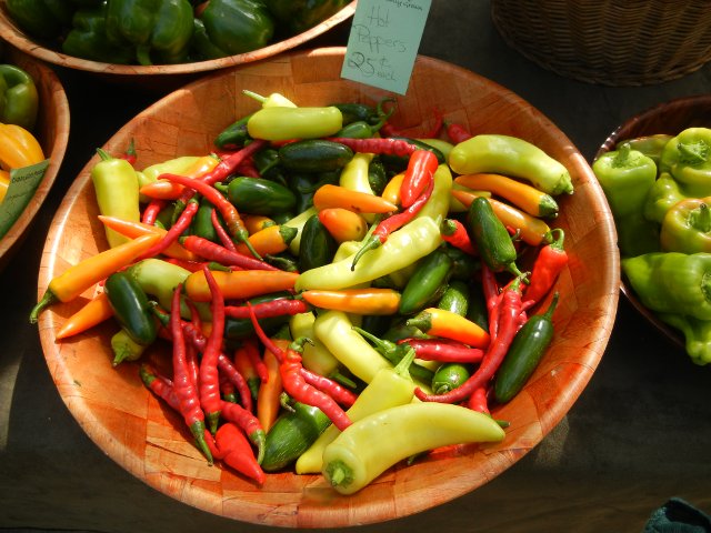 Assorted hot peppers in a bowl,showing long, narrow red peppers, small, shiny green, pale yellow-green, and small carrot-colored ones