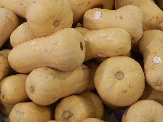 Large, light tan-colored squash with a long, thick neck.