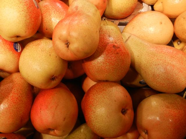 Forelle pears, yellow pears with a pinkish tinge and some fine spots
