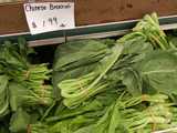 Raw chinese broccoli, a leafy green vegetable with long stalks, tied in bunches with rubber bands, with a sign