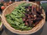 A basket containing fresh green okra pods on the left, and red okra pods on the right, with a few other vegetables around the edge of the photo