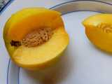 A mango nectarine, sliced, a fruit with yellow flesh and smooth, green-yellow skin, on a white plate with blue trim