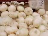 Numerous White Onions in a bin, a sign reading: white onion, 69 cents -lb-