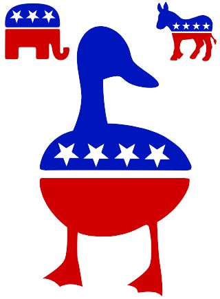 Large Duck Political Logo, Surrounded by Smaller Elephant and Donkey Logos