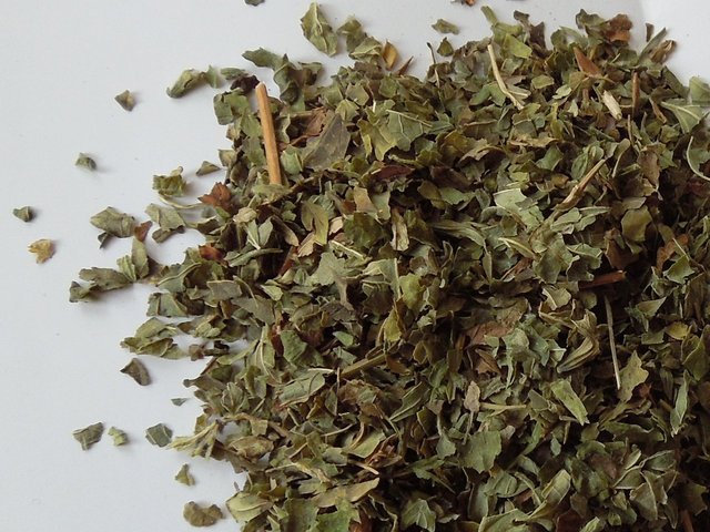 Broken, dried lemon balm leaves, showing small, dull green pieces of leaf