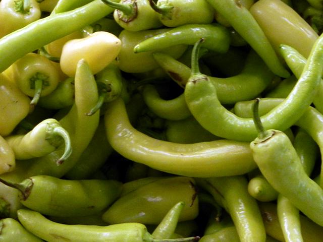 Hungarian wax peppers, unripe, light green, whitish, long, smooth, slightly curved