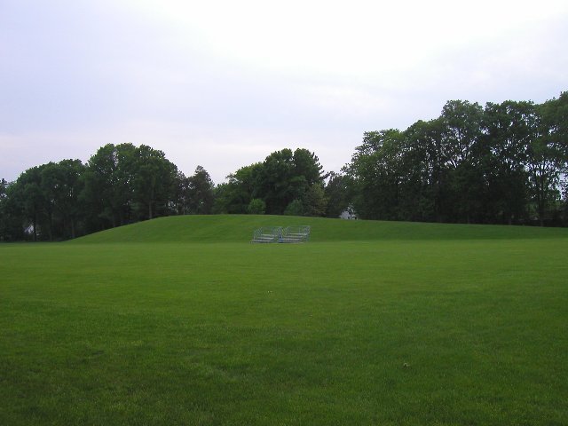 A green, artificially constructed hill, behind a green athletic field, with trees in the background
