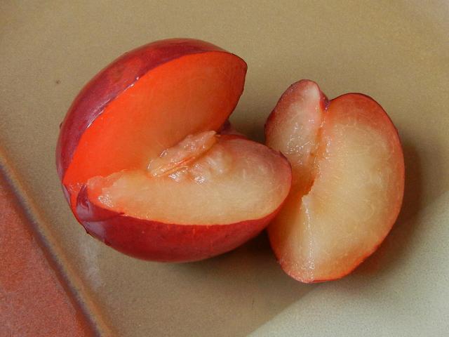 A red plum, showing dark red skin and yellow flesh, with a quarter sliced off, showing the pit in the rest of the plum, on a tan ceramic plate