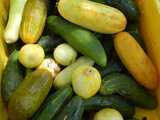 A bin of cucumbers of many different shapes and sizes, showing green, yellow, orange, and white, and a few perfectly round yellow cucumbers