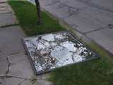 A mirror, thoroughly shattered into many small pieces, lying next to the street near a thoroughly broken sidewalk tile