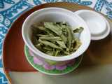 Lemon verbena leaves, dry, in a gaiwan, a Chinese lidded bowl for brewing tea