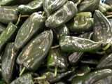 Poblano peppers, very dark green, very large, and very shiny, slightly pointed