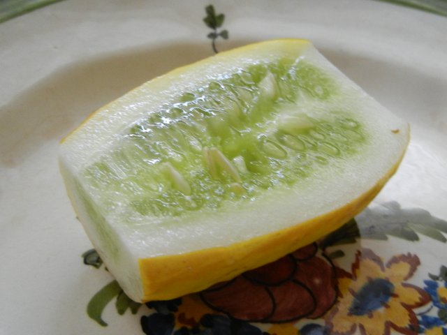 A yellow cucumber, sliced, on a plate with a colorful pattern on it